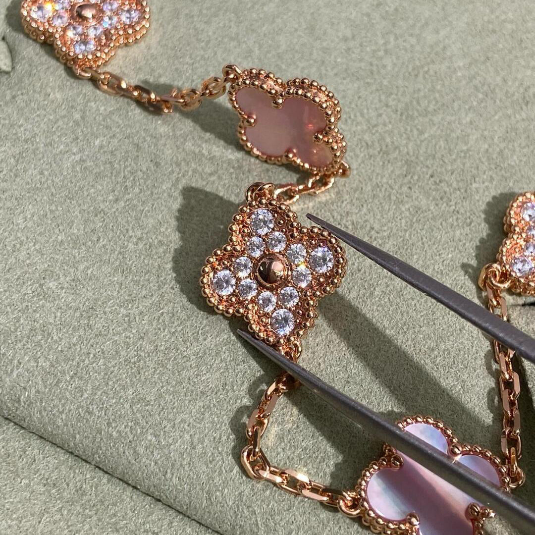 [GALE]CLOVER 10 MOTIFS DIAMOND PINK MOP NECKLACE