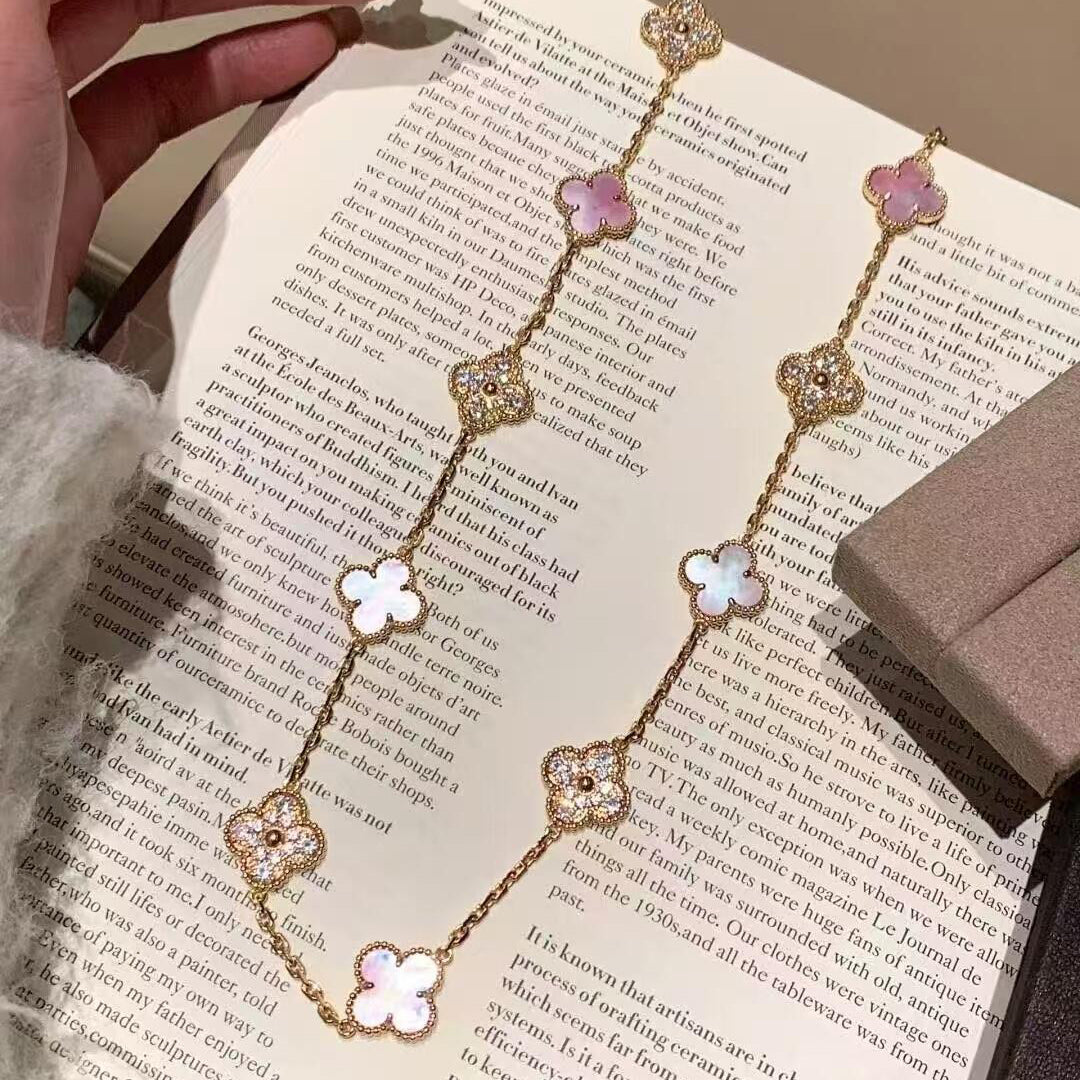 [GALE]CLOVER 10 MOTIFS DIAMOND PINK MOP NECKLACE