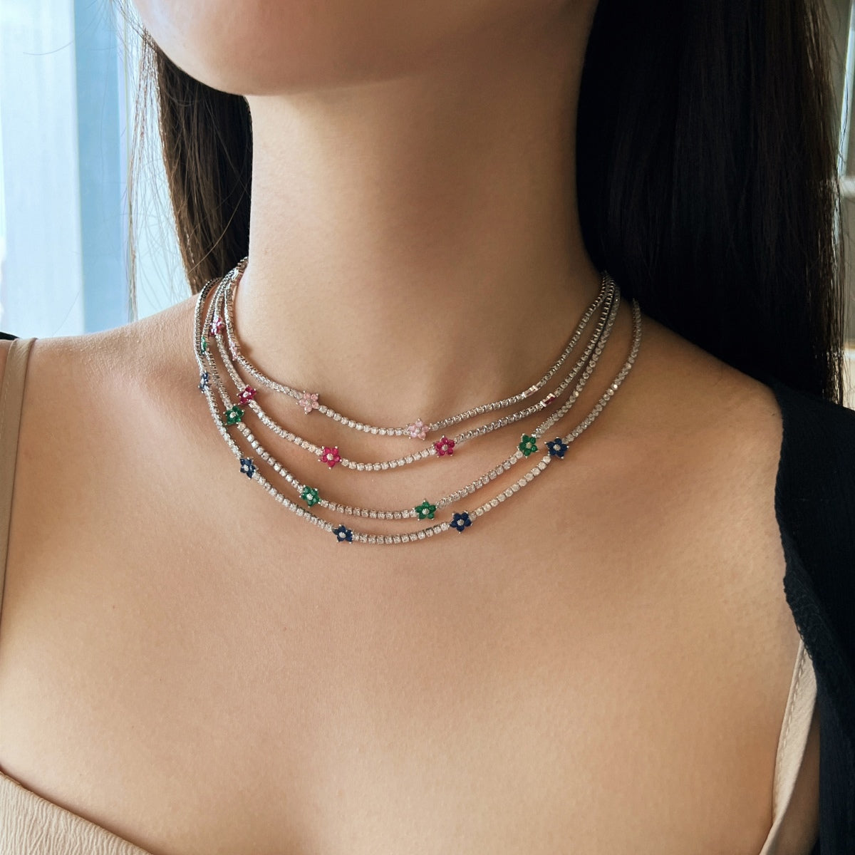[GALE]Luxurious Colorful Flower Tennis Necklace