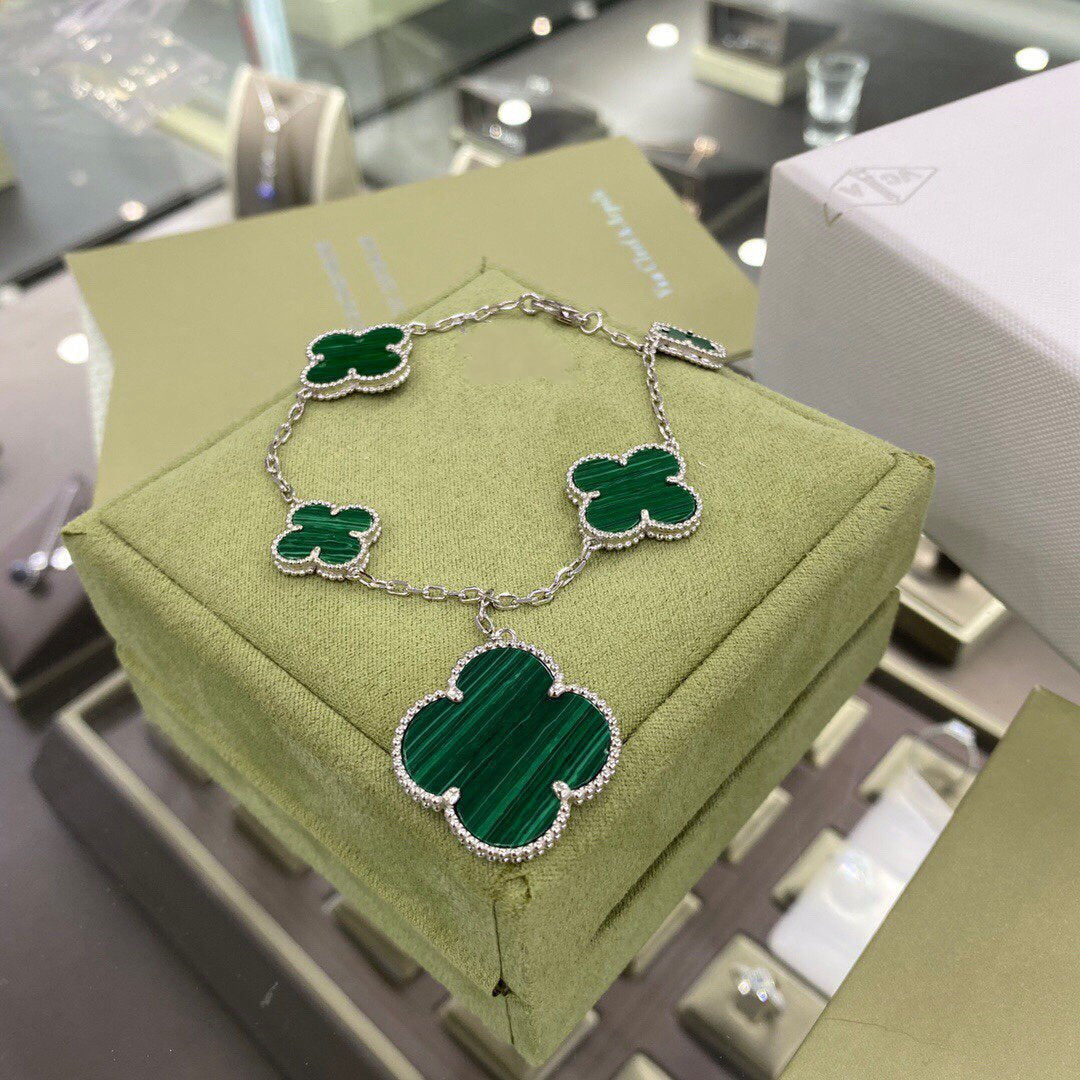 [GALE]CLOVER 5 MOTIFS SIVLER MALACHITE BRACELET