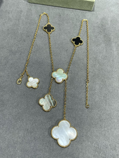 [GALE]CLOVER 6 MOTIF MOP ONYX GOLD NECKLACE