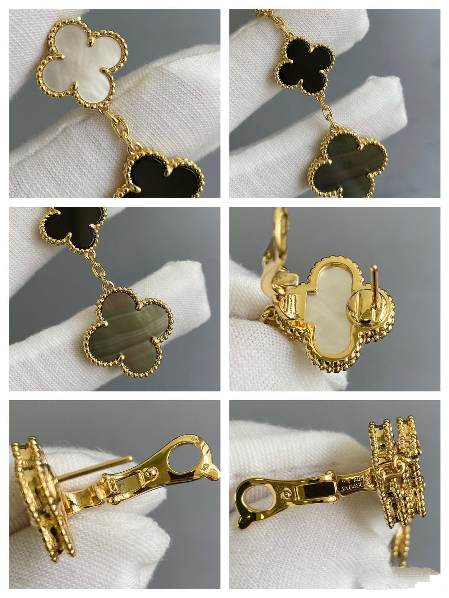 [GALE]CLOVER 3 MOTIF MOP ONYX DARK MOP PINK GOLD EARRINGS