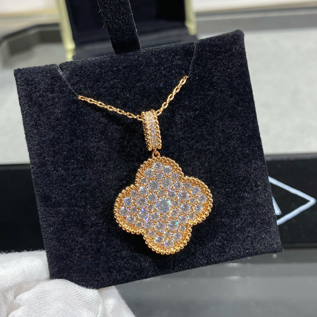 [GALE]CLOVER 25MM LARGE PEDANT DIAMOND PAVED LONG NECKLACE
