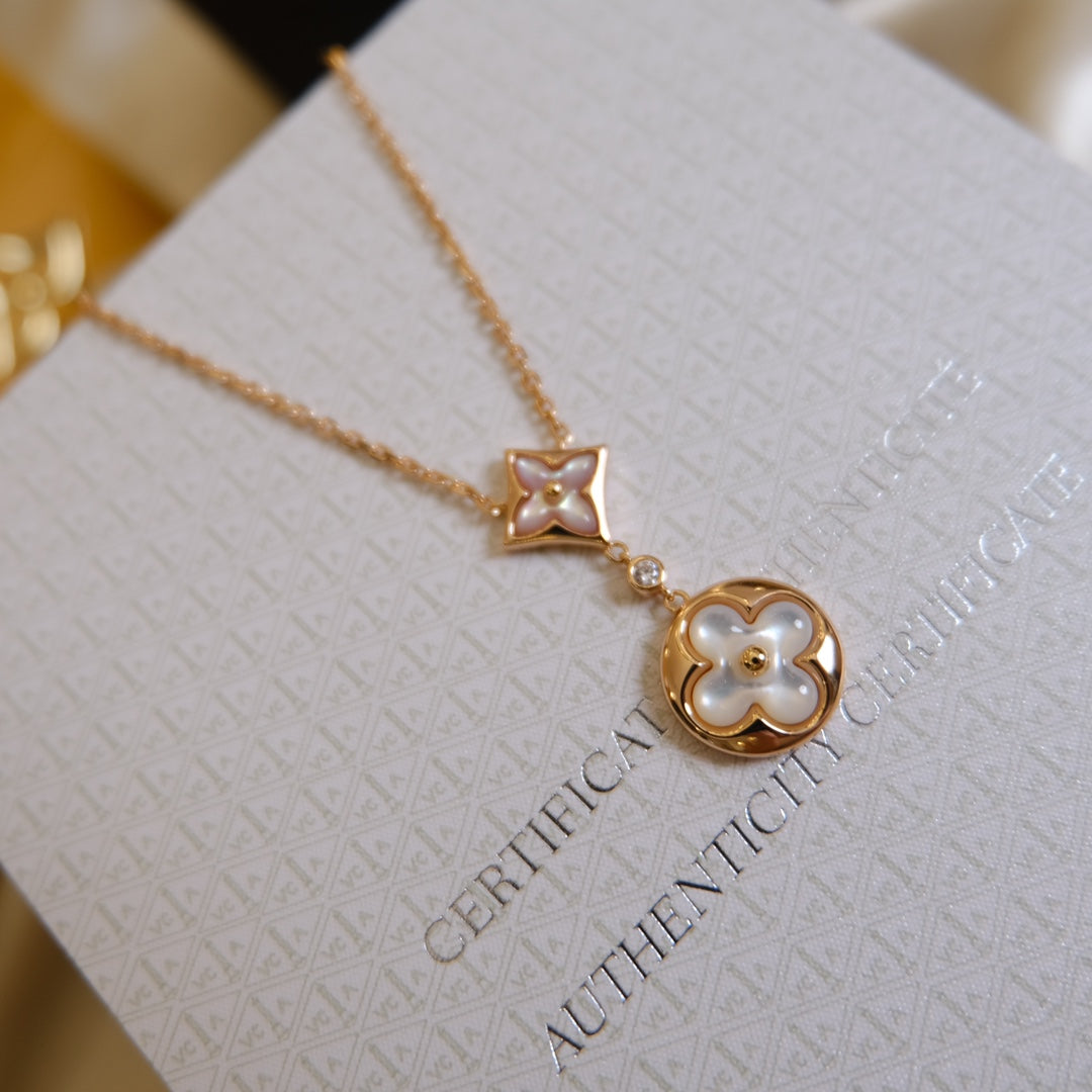 [GALE]STAR AND SUN WHITE MOP 2 MOTIF PINK GOLD NECKLACE