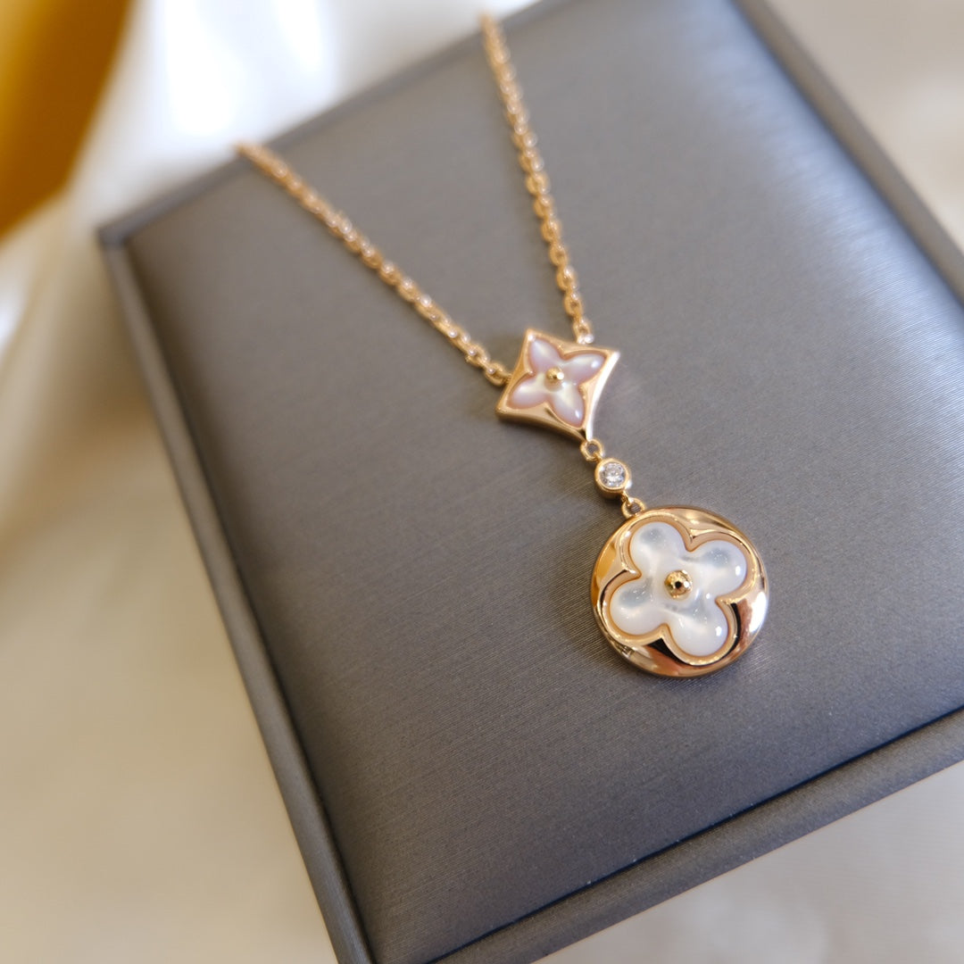 [GALE]STAR AND SUN WHITE MOP 2 MOTIF PINK GOLD NECKLACE