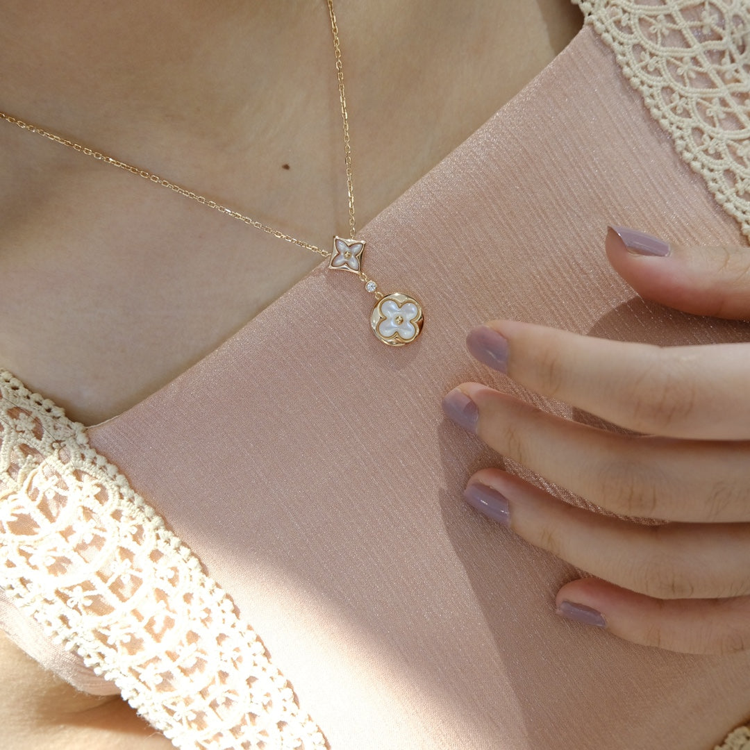 [GALE]STAR AND SUN WHITE MOP 2 MOTIF PINK GOLD NECKLACE