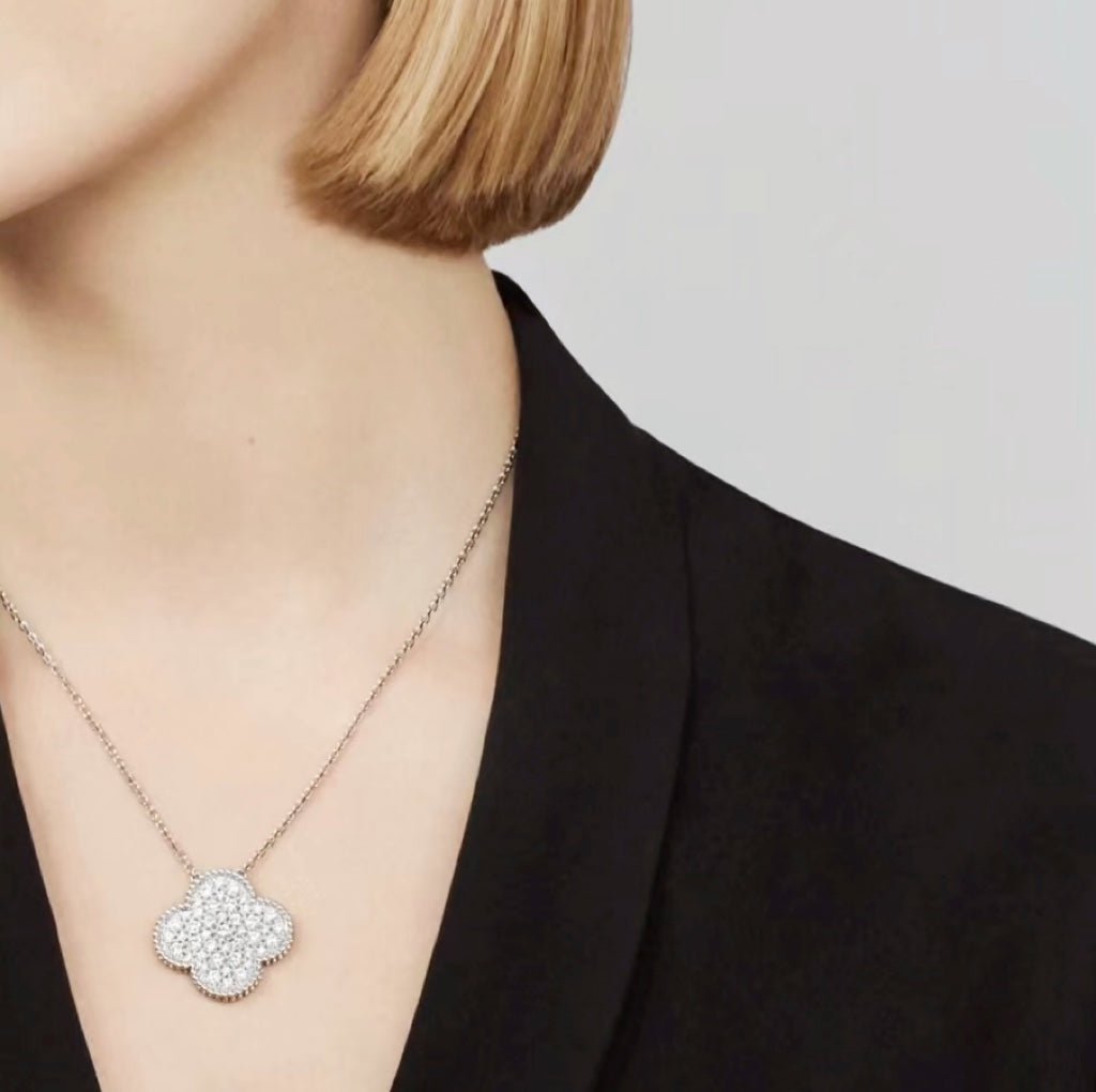 [GALE]CLOVER 25MM LARGE PENDANT DIAMOND PAVED SILVER NECKLACE