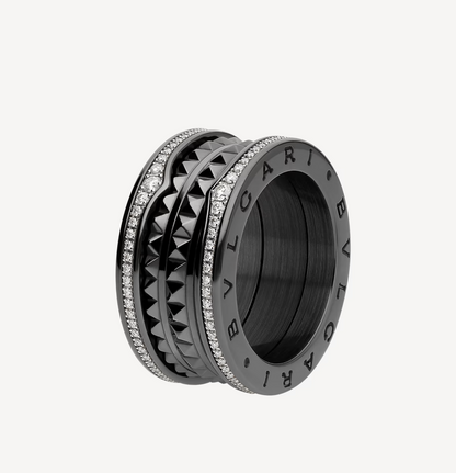 [GALE]ZERO 1 ROCK FOUR-BAND BLACK CERAMIC WITH STUDDED SPIRAL AND PAVED DIAMONDS RING