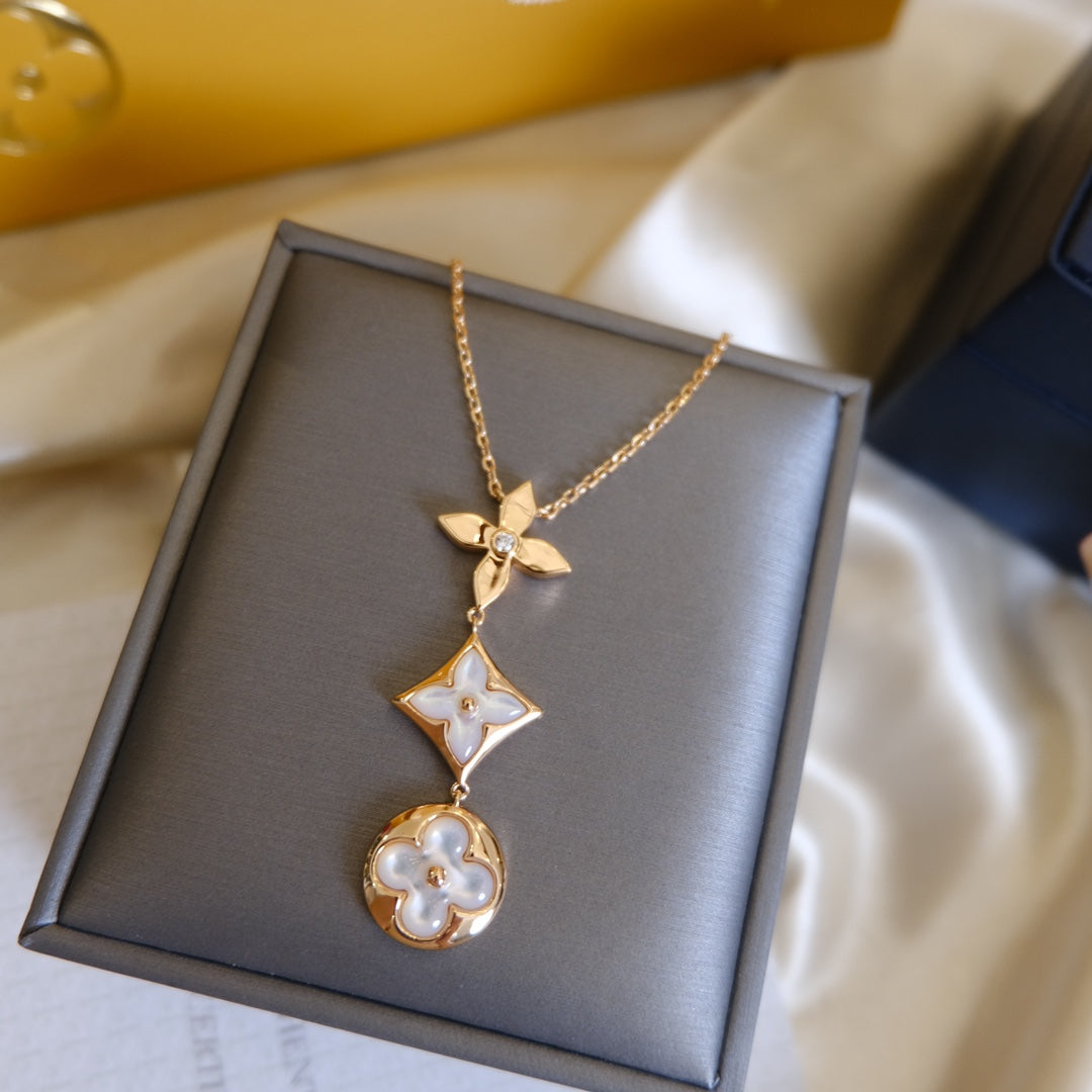 [GALE]COLOR BLOSSOM LARIAT NECKLACE PINK GOLD WHITE MOTHER PEARL AND DIAMOND